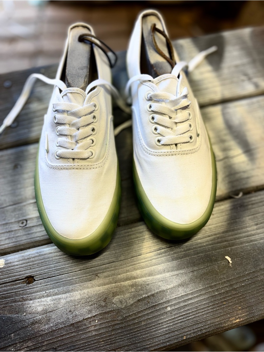 Vans Women's White Canvas Sneakers with Green Sole